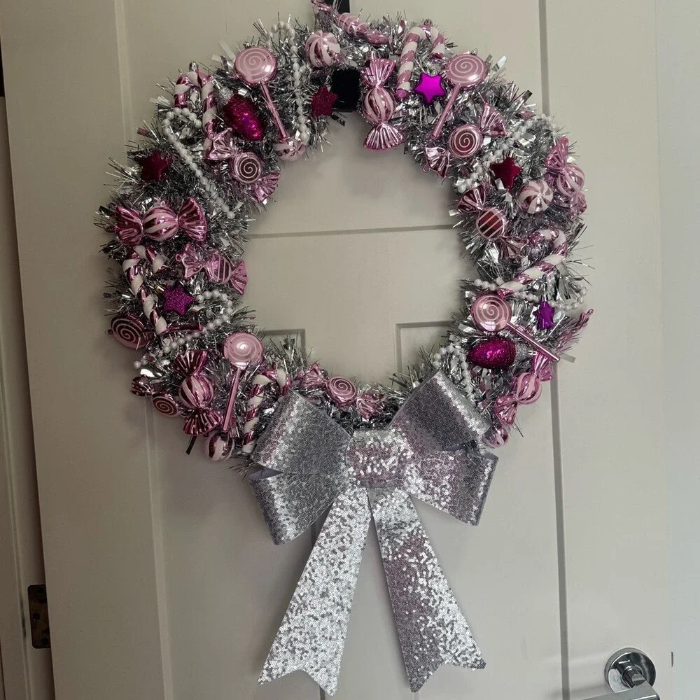 Wreath Christmas candy theme Silver and Pink Holiday Wreath ribbon bow